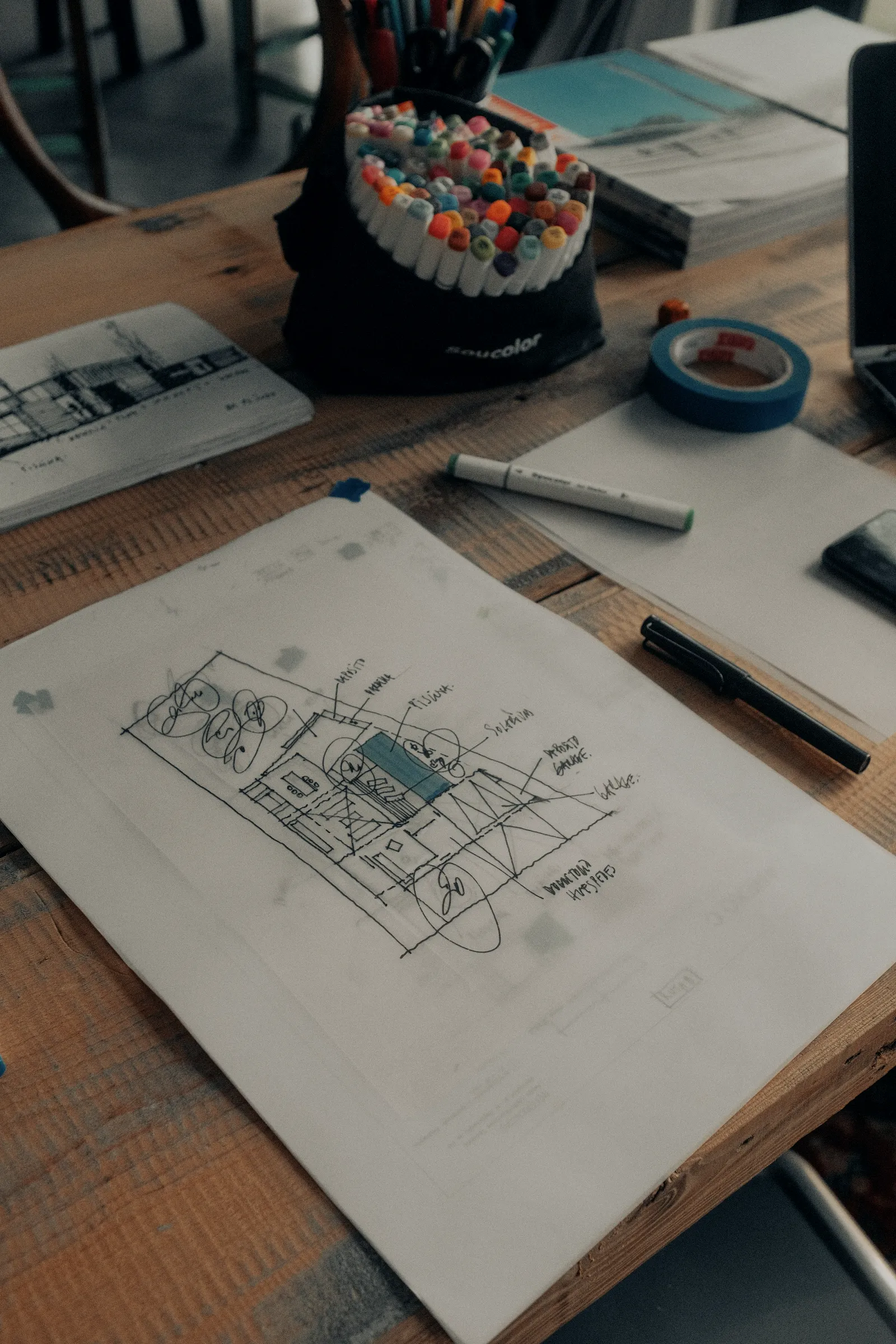 Croquis d’interface au feutre sur une table d’atelier